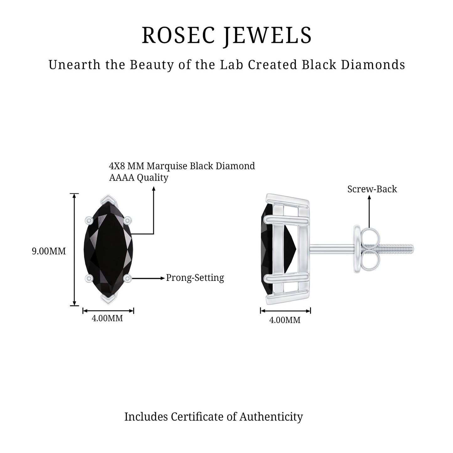 1.68 Carat Marquise Cut Lab Grown Black Diamond Stud Earrings