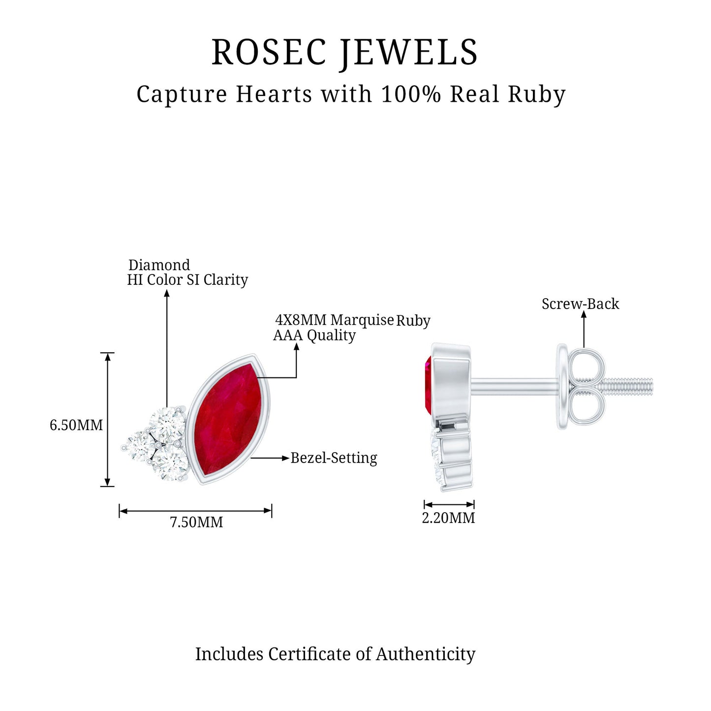 Marquise Cut Ruby Stud Earrings with Diamond Trio