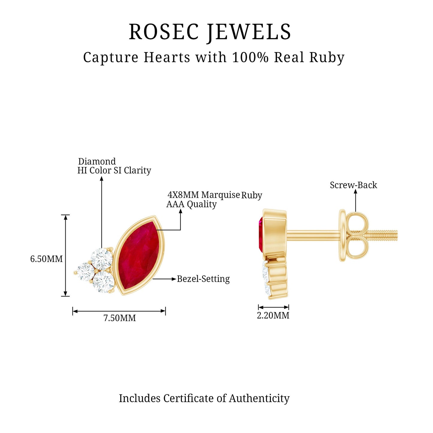 Marquise Cut Ruby Stud Earrings with Diamond Trio