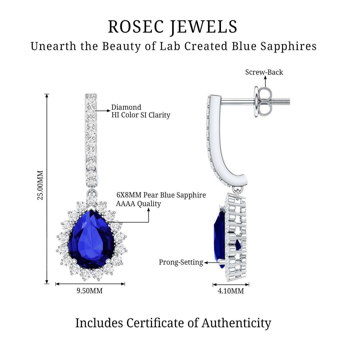 Pear Shaped Lab Grown Blue Sapphire and Diamond Hoop Drop Earrings