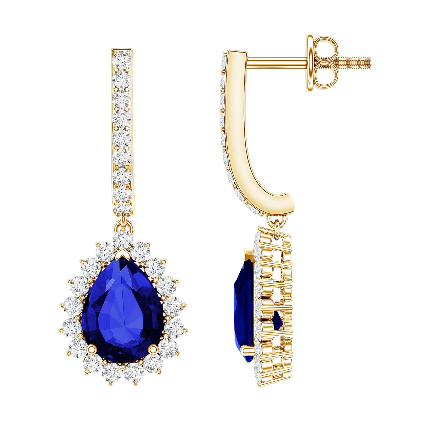 Pear Shaped Lab Grown Blue Sapphire and Diamond Hoop Drop Earrings