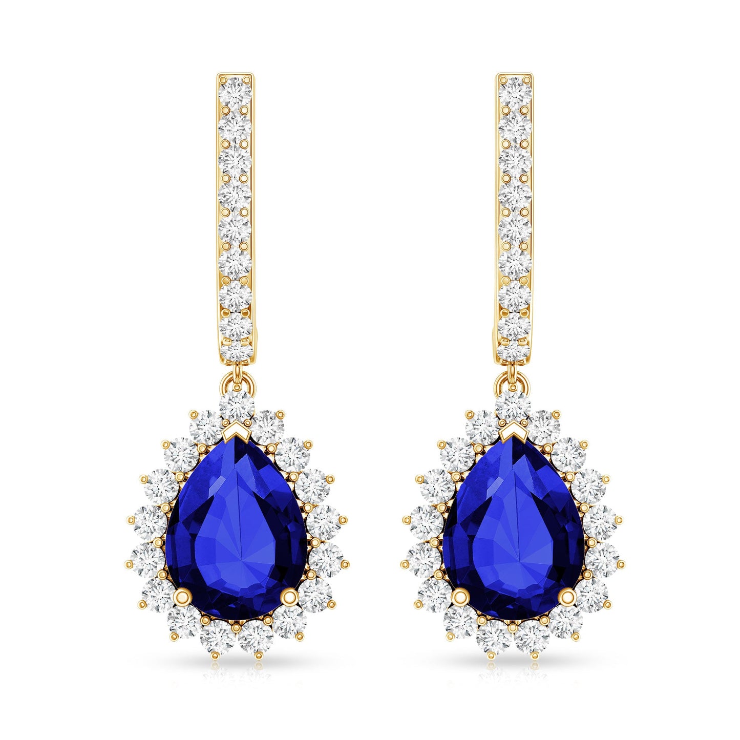 Pear Shaped Lab Grown Blue Sapphire and Diamond Hoop Drop Earrings