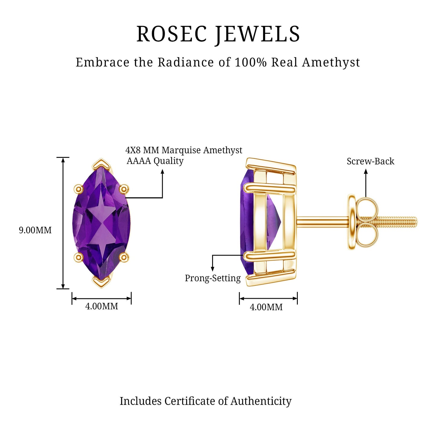 1.48 Carat Marquise Cut Amethyst Solitaire Stud Earrings