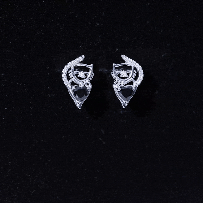 Heart Shape Black Onyx and Diamond Cat Stud Earrings