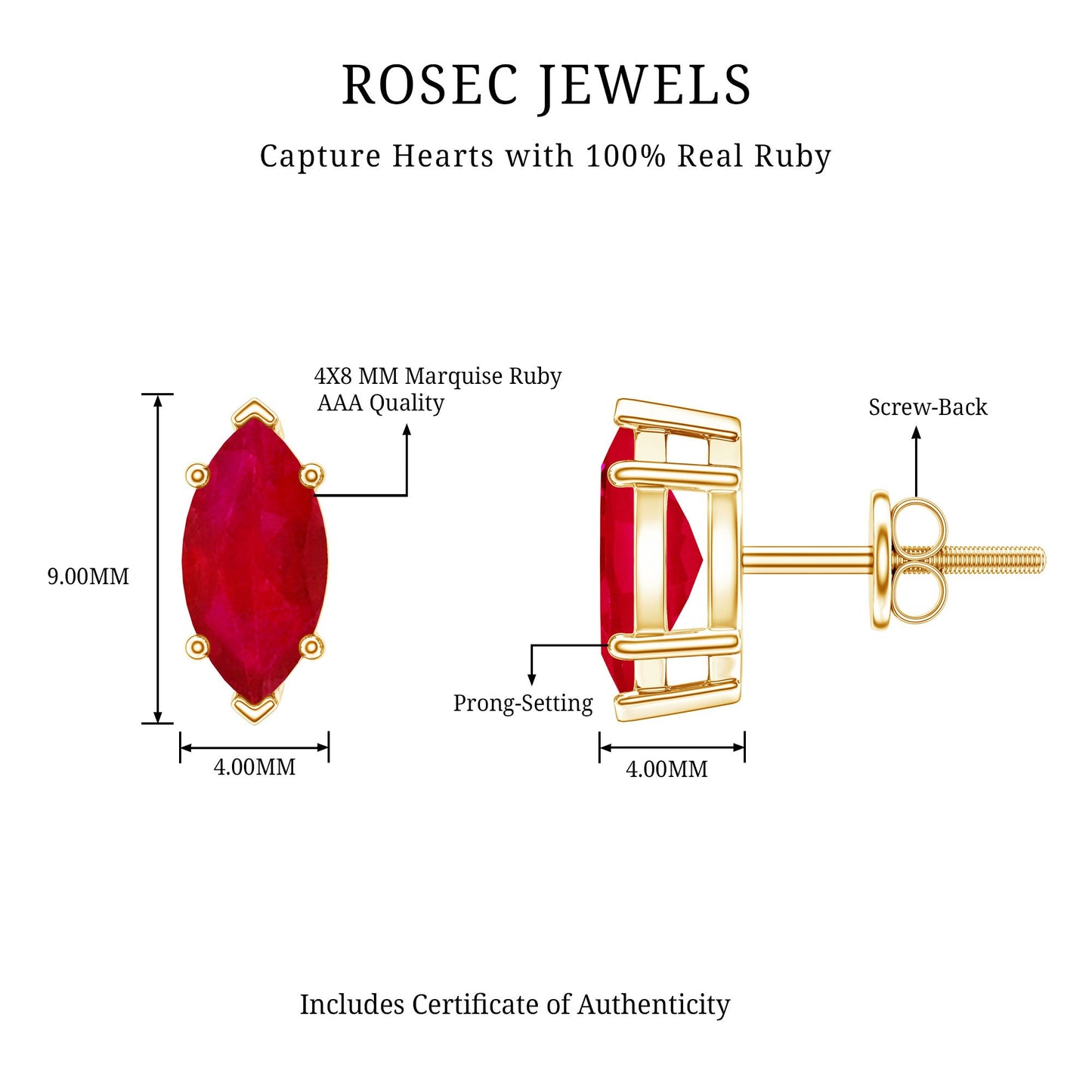 Natural 1.5 Carat Marquise Ruby Stud Earrings with Screw Back
