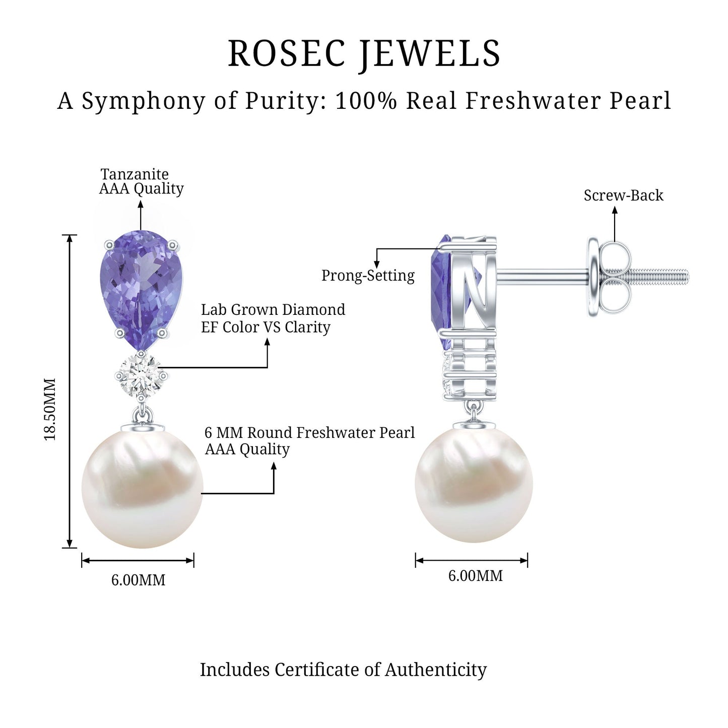 Genuine Freshwater Pearl Drop Earrings with Tanzanite