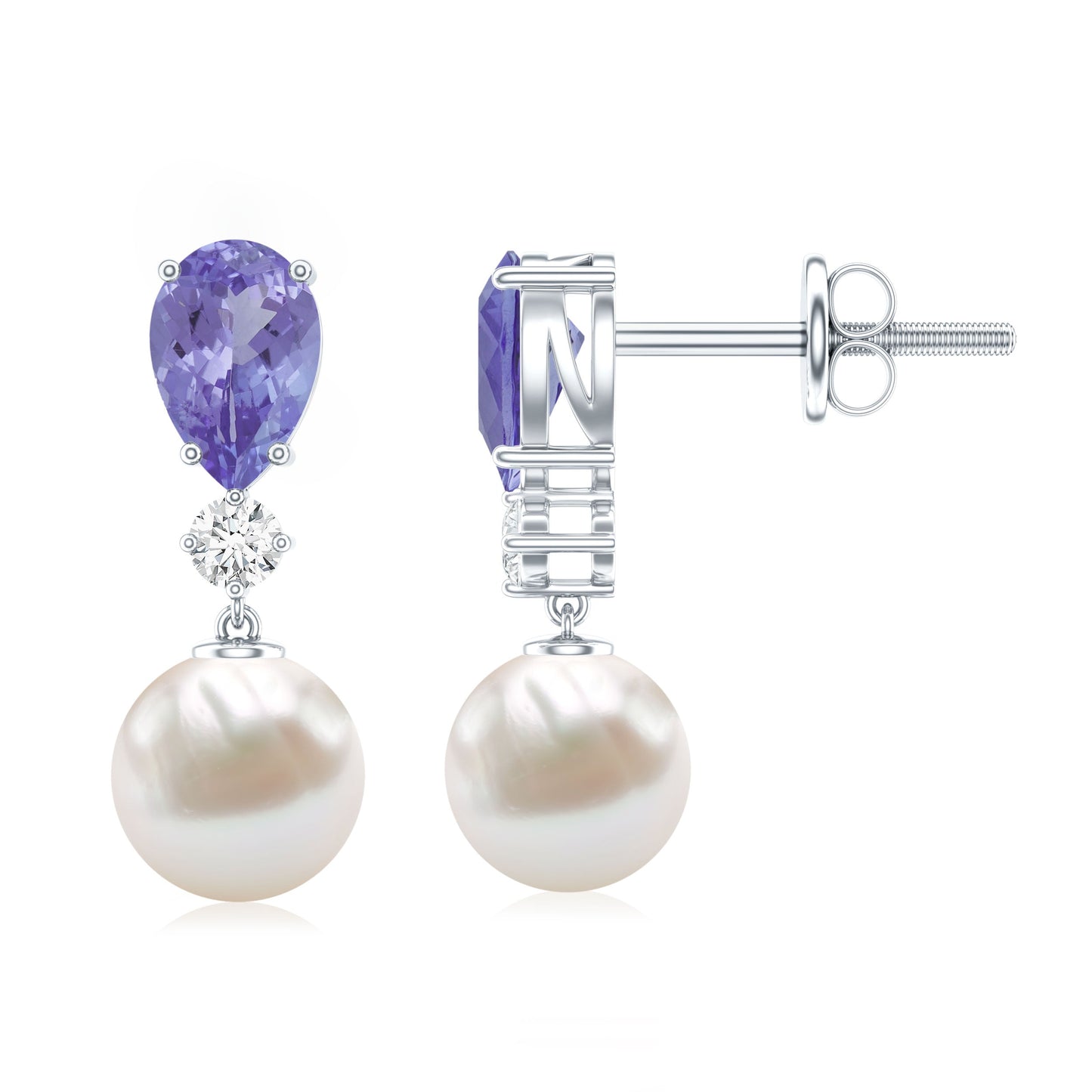 Genuine Freshwater Pearl Drop Earrings with Tanzanite