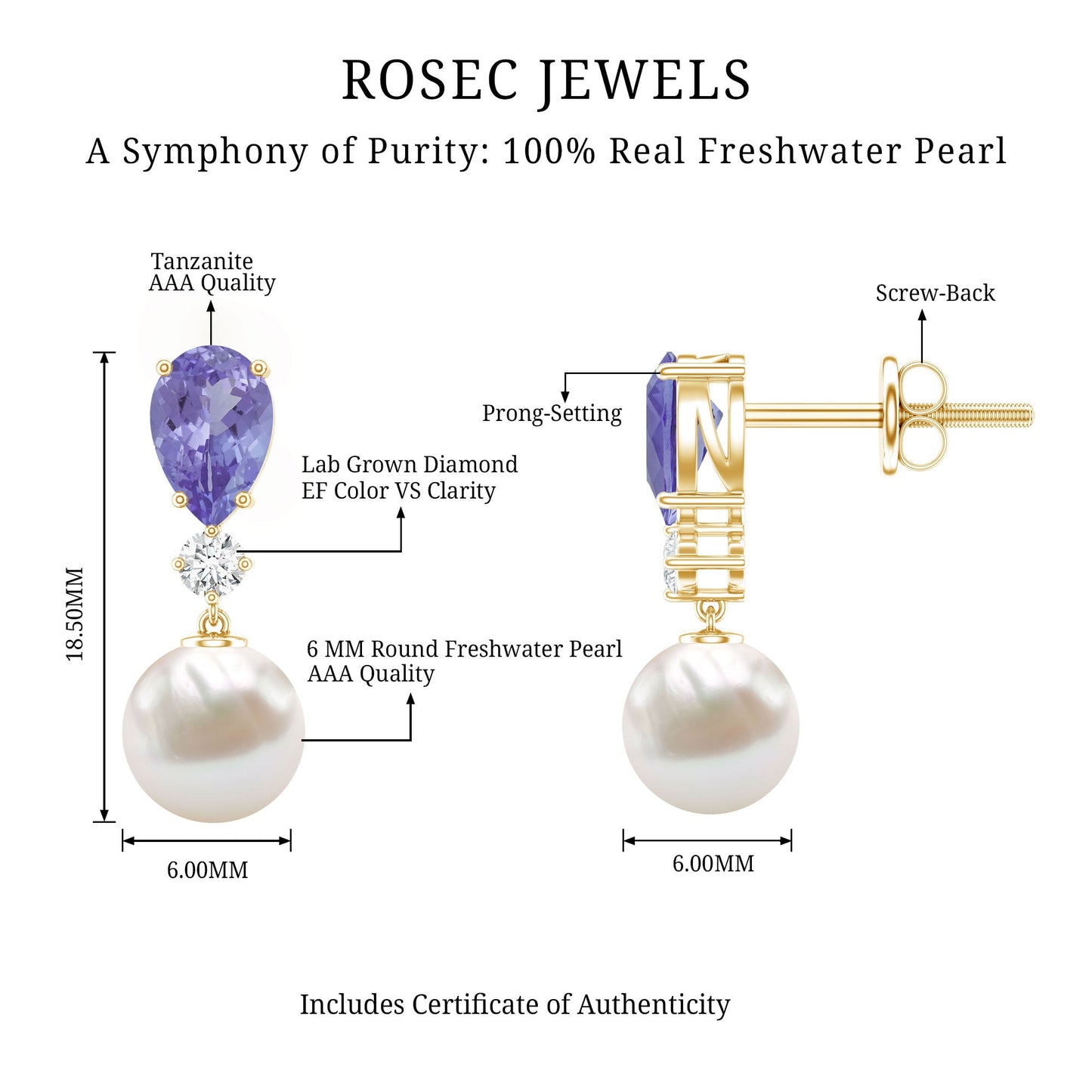 Genuine Freshwater Pearl Drop Earrings with Tanzanite