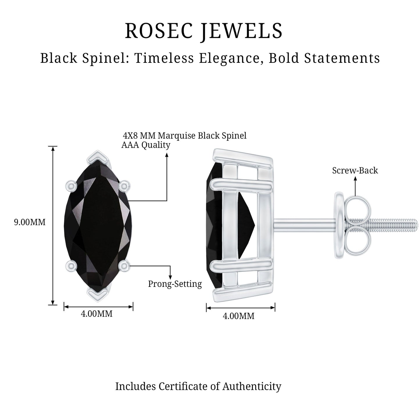 1.4 CT Marquise Black Spinel Solitaire Stud Earrings