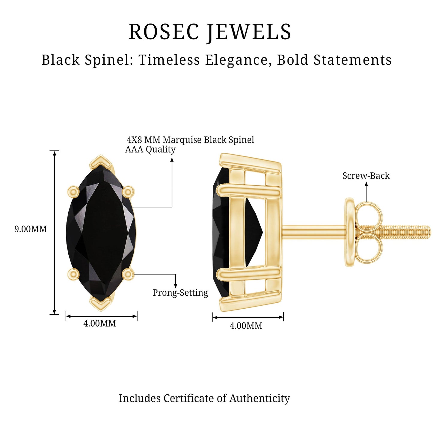1.4 CT Marquise Black Spinel Solitaire Stud Earrings