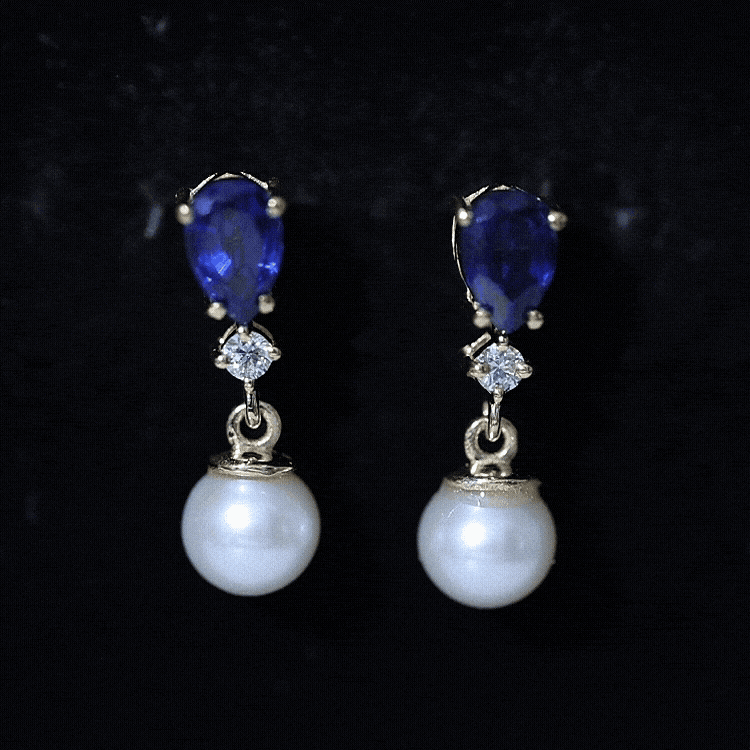 Natural 4 Carat Freshwater Pearl Drop Dangle Earrings with Lab Blue Sapphire