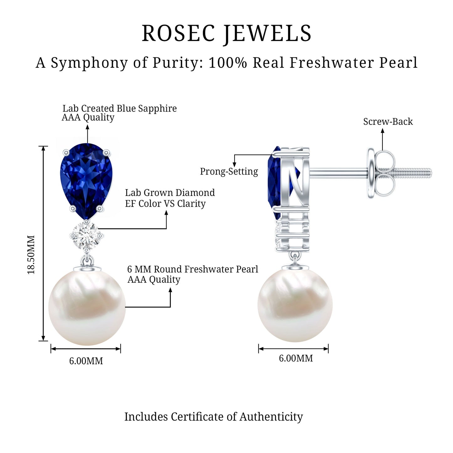 Natural 4 Carat Freshwater Pearl Drop Dangle Earrings with Lab Blue Sapphire