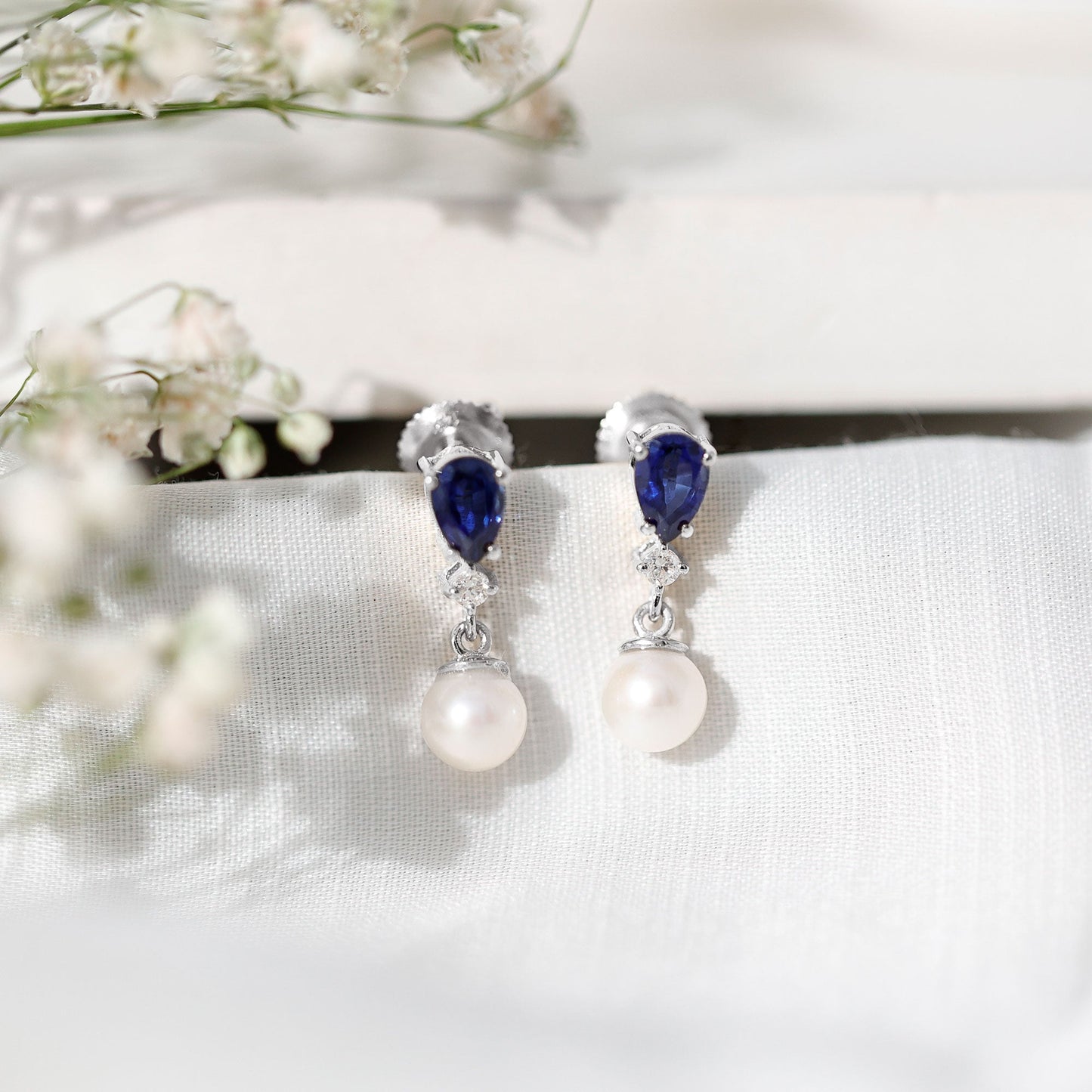 Natural 4 Carat Freshwater Pearl Drop Dangle Earrings with Lab Blue Sapphire