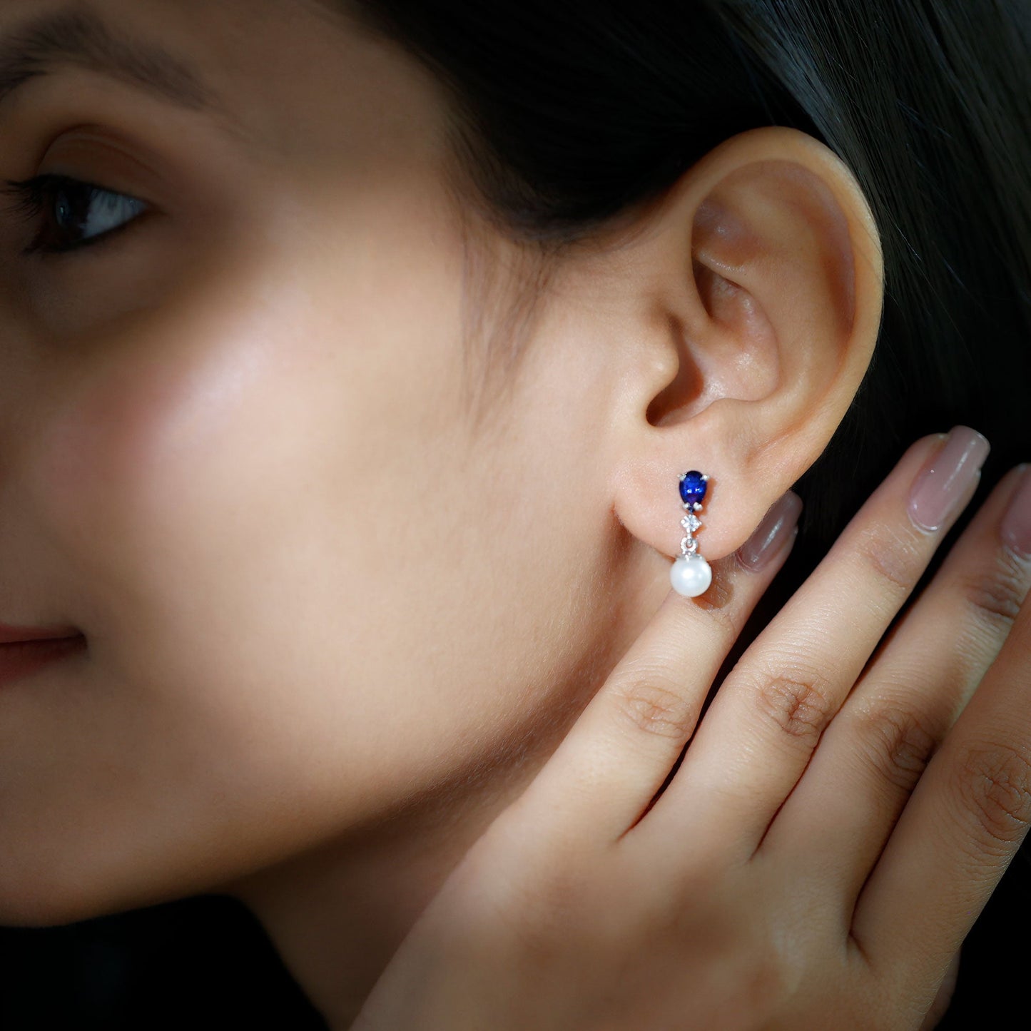 Natural 4 Carat Freshwater Pearl Drop Dangle Earrings with Lab Blue Sapphire
