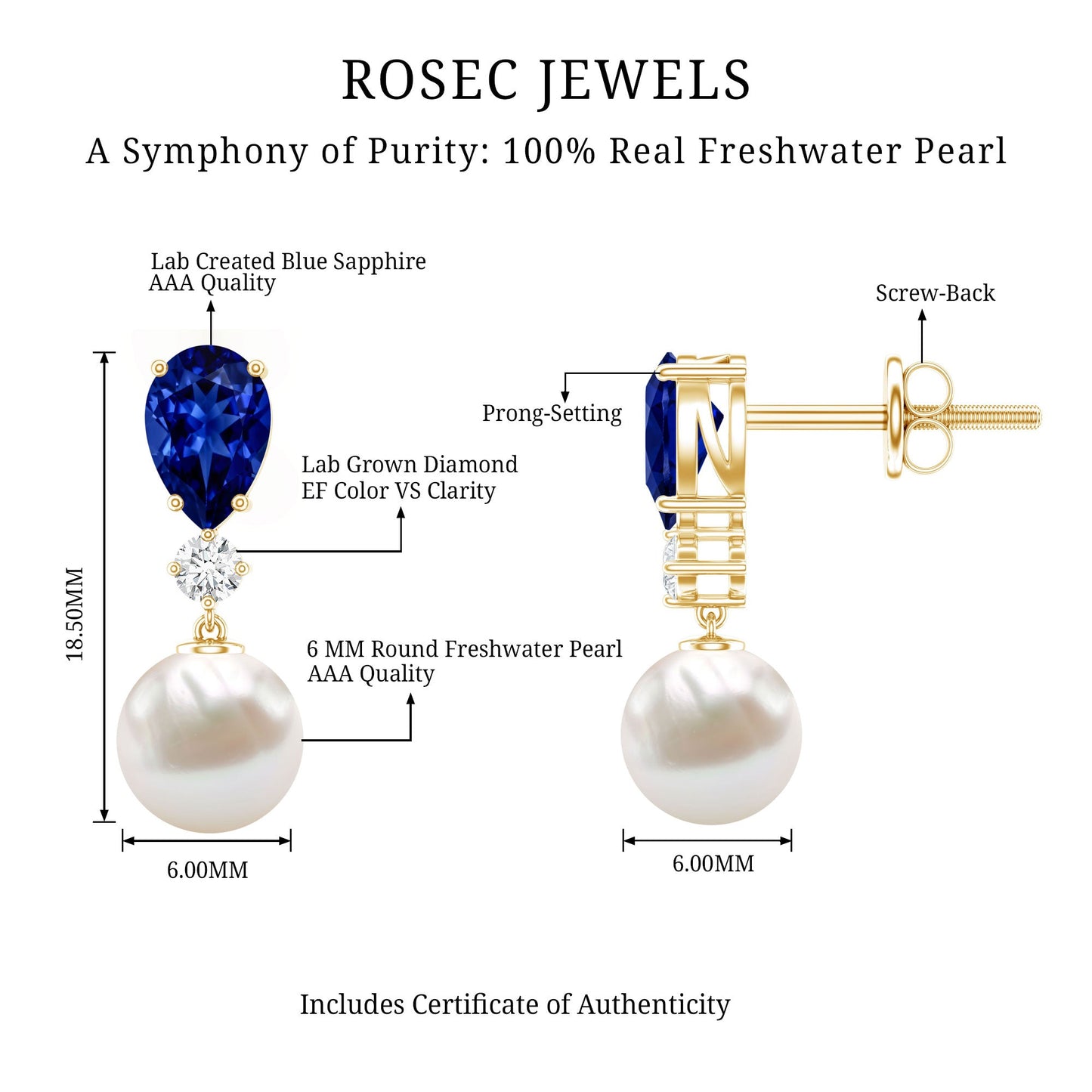 Natural 4 Carat Freshwater Pearl Drop Dangle Earrings with Lab Blue Sapphire