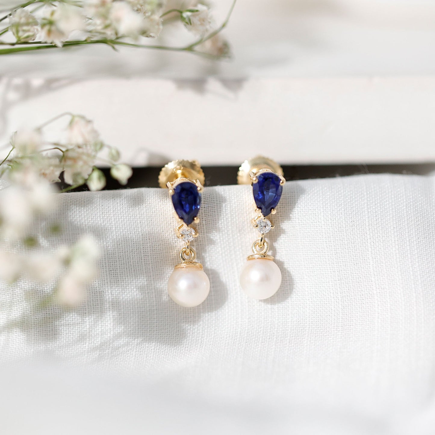 Natural 4 Carat Freshwater Pearl Drop Dangle Earrings with Lab Blue Sapphire
