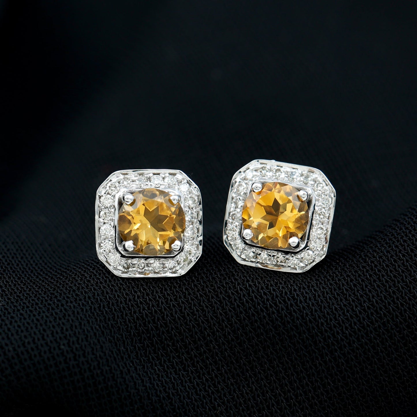Vintage Inspired 1 Carat Citrine and Diamond Halo Stud Earrings