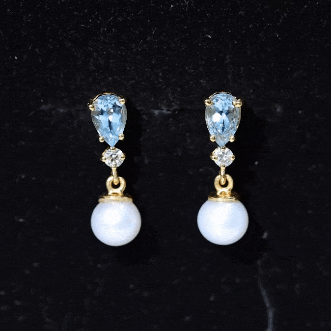 Handpicked Pearl Drop Earrings with Aquamarine and Moissanite
