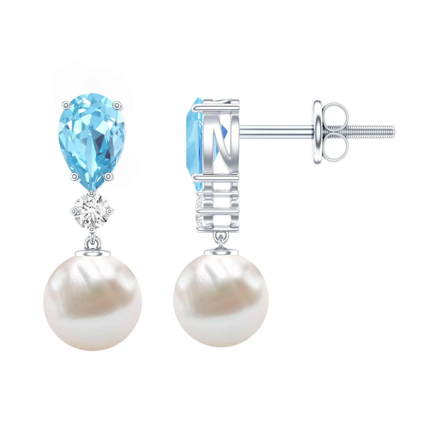Handpicked Pearl Drop Earrings with Aquamarine and Moissanite