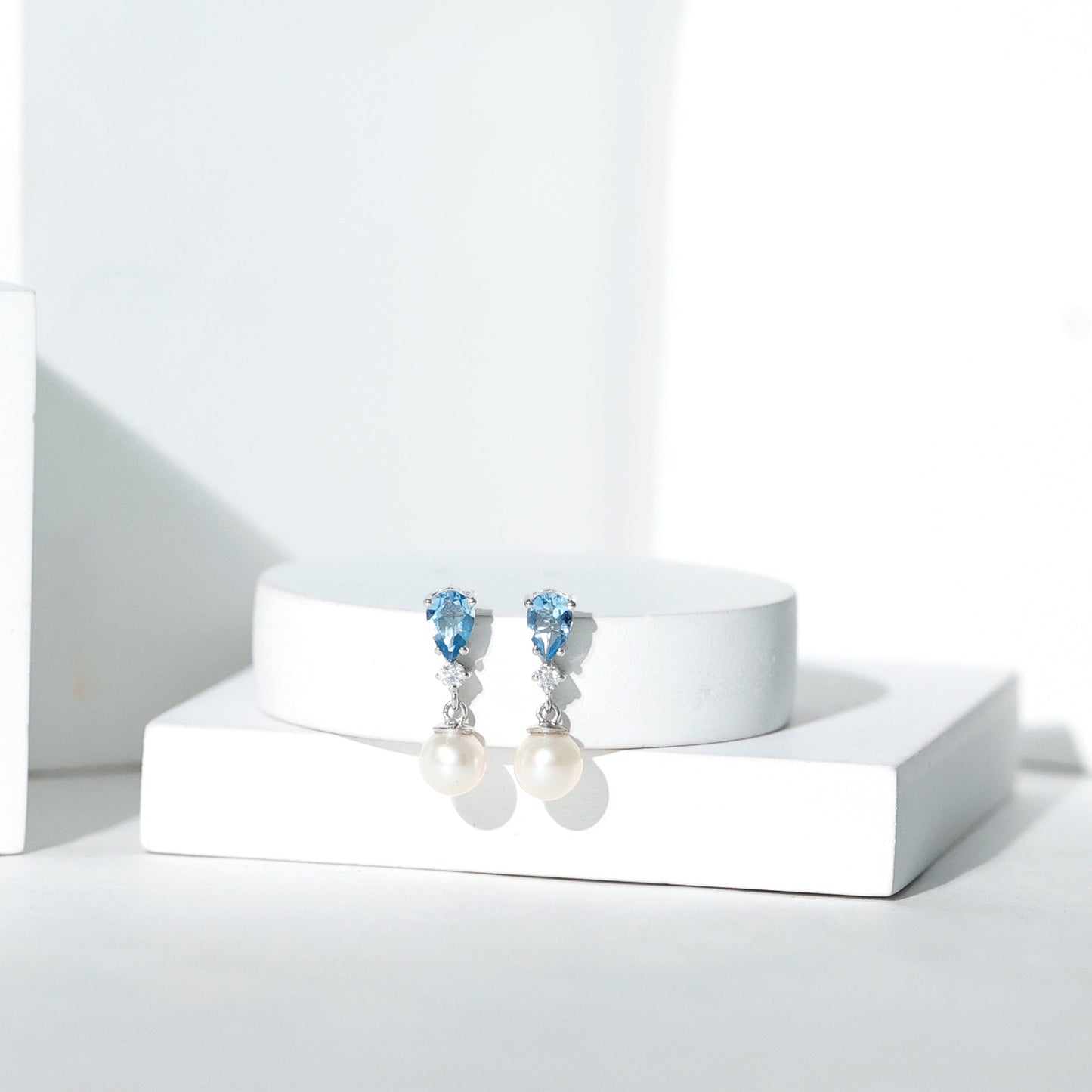 Handpicked Pearl Drop Earrings with Aquamarine and Moissanite