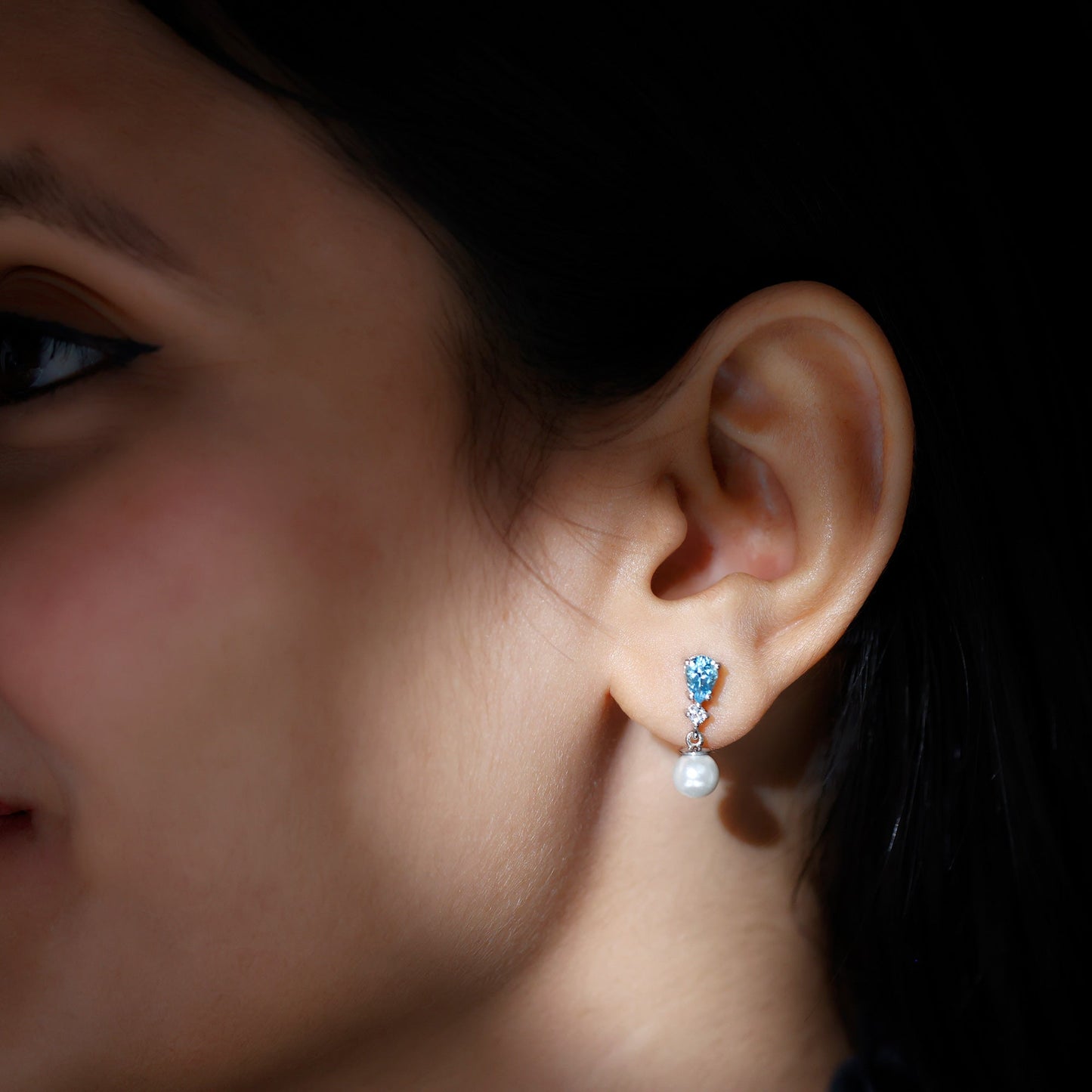 Handpicked Pearl Drop Earrings with Aquamarine and Moissanite