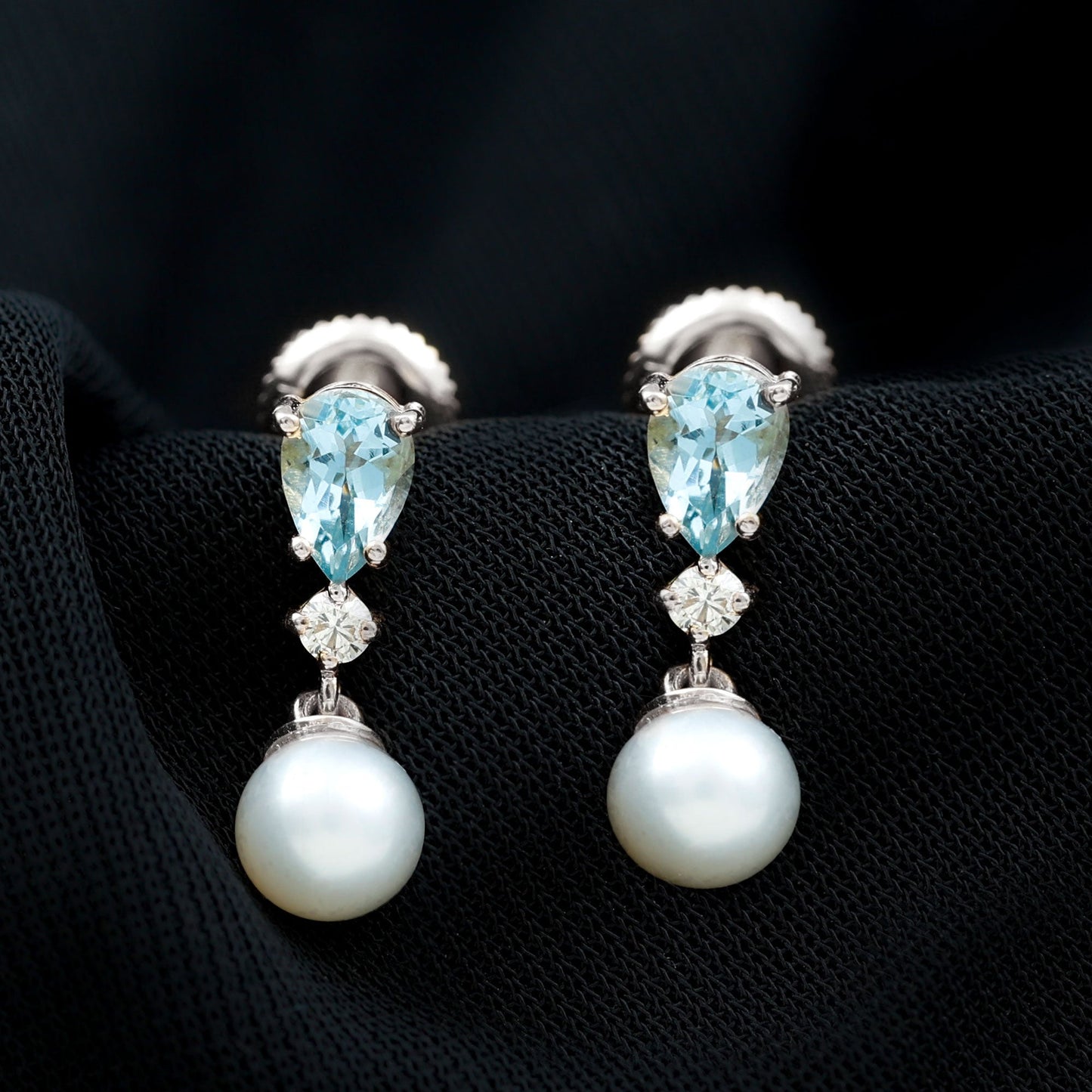 Handpicked Pearl Drop Earrings with Aquamarine and Moissanite