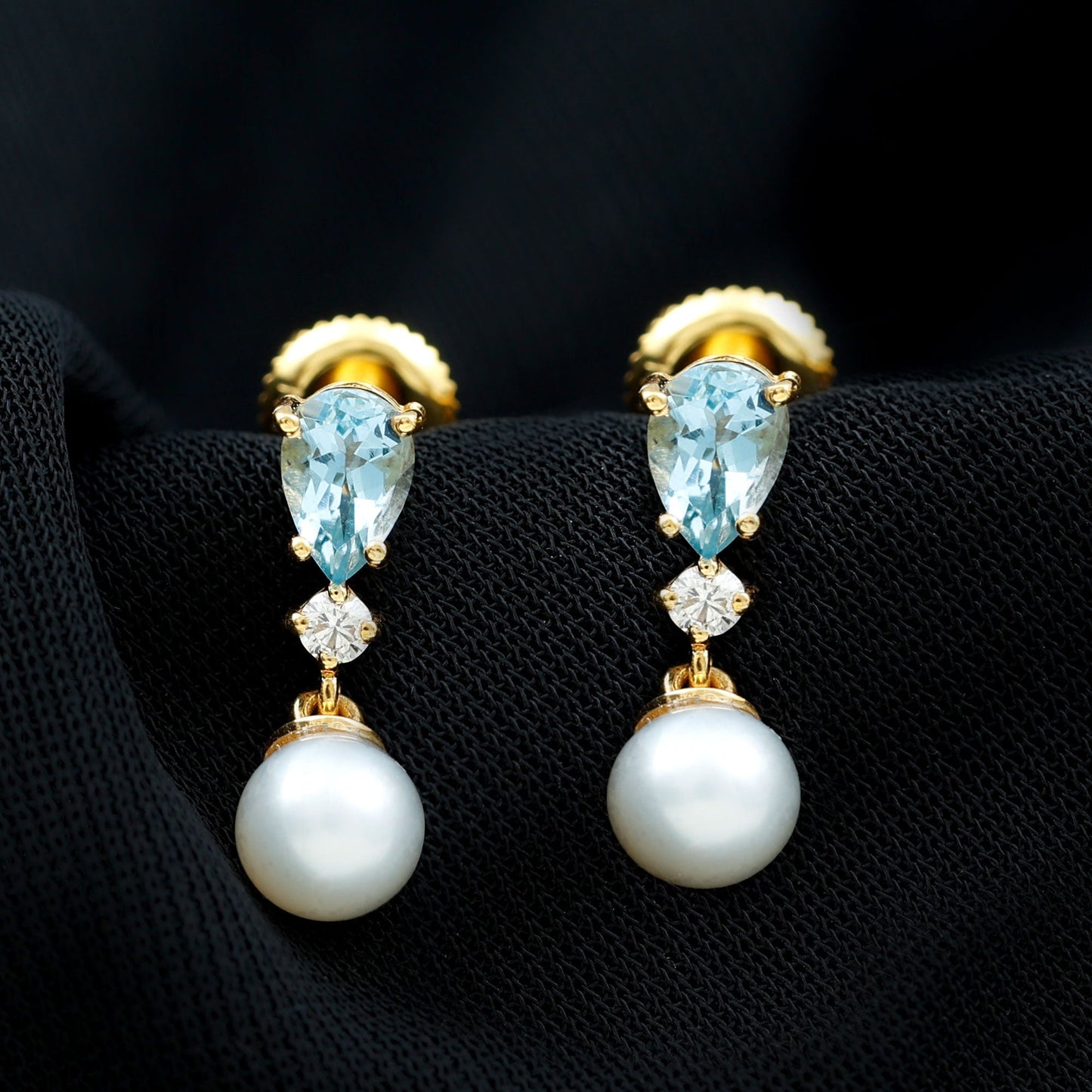 Handpicked Pearl Drop Earrings with Aquamarine and Moissanite