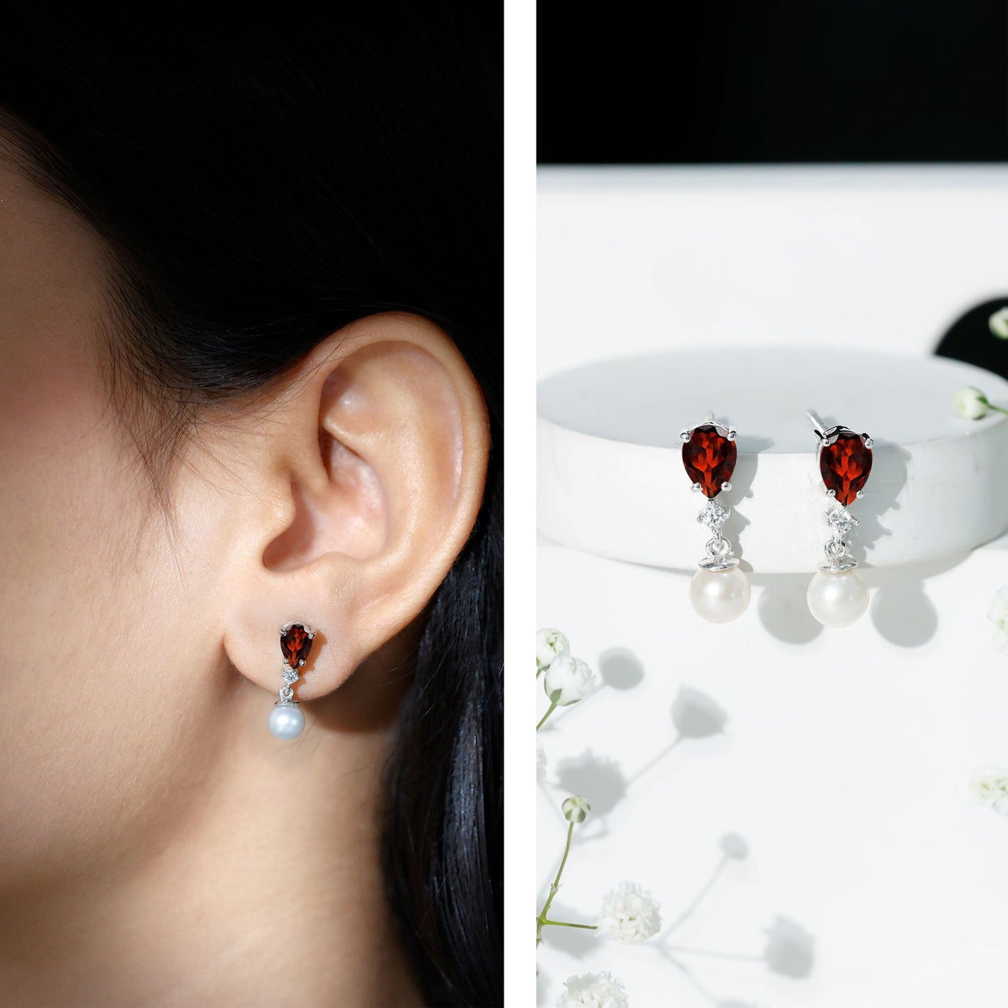 Genuine Freshwater Pearl Drop Earrings with Garnet