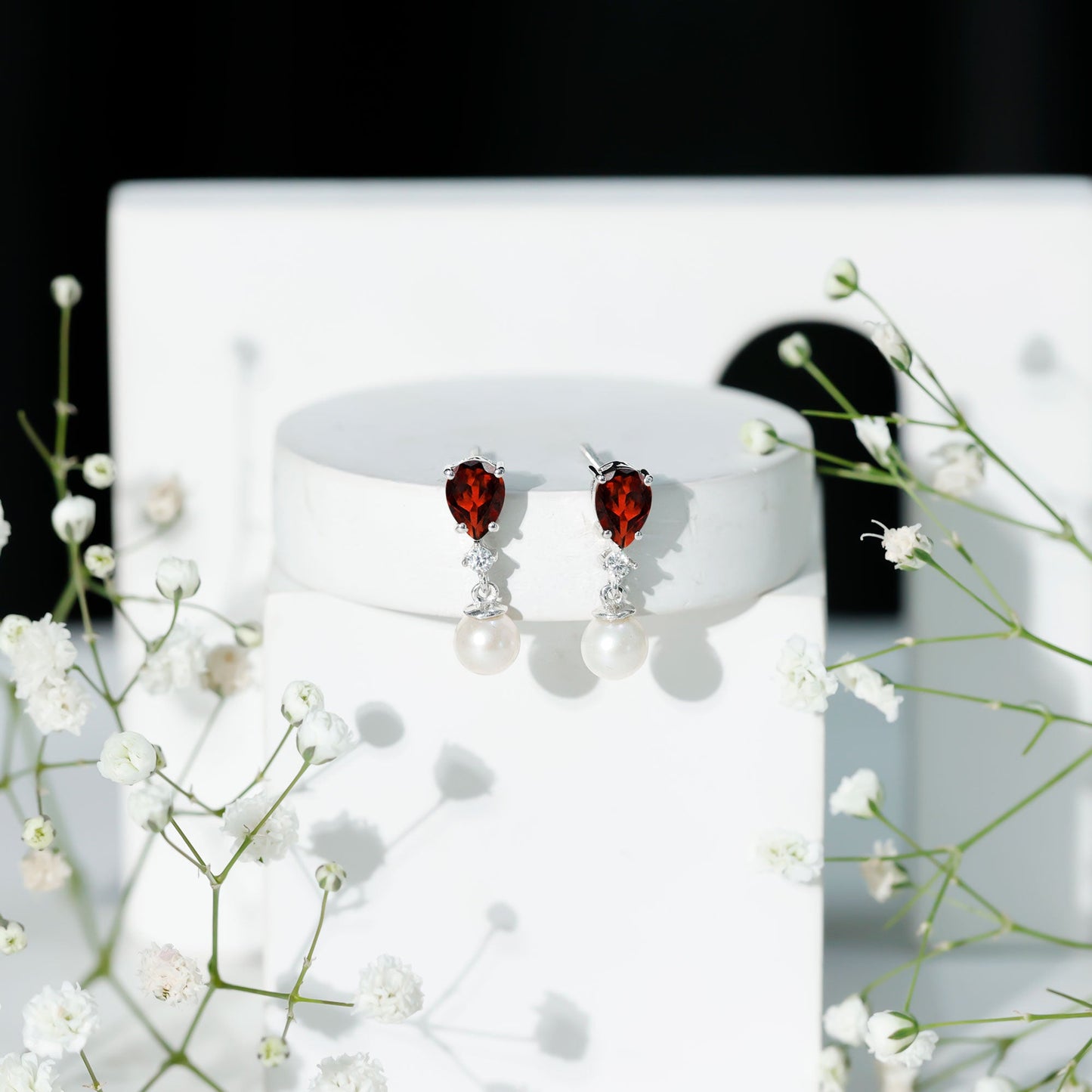 Genuine Freshwater Pearl Drop Earrings with Garnet