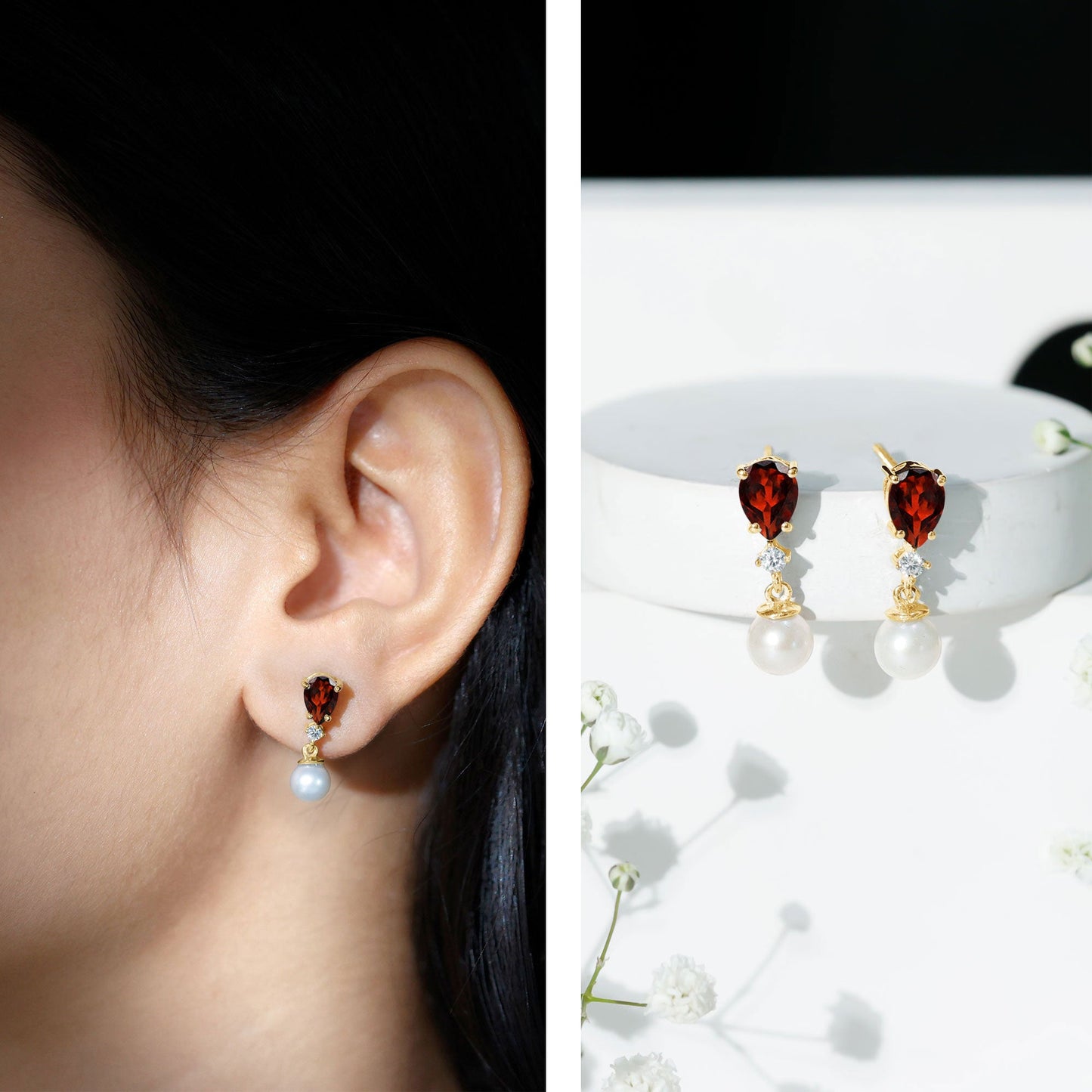 Genuine Freshwater Pearl Drop Earrings with Garnet