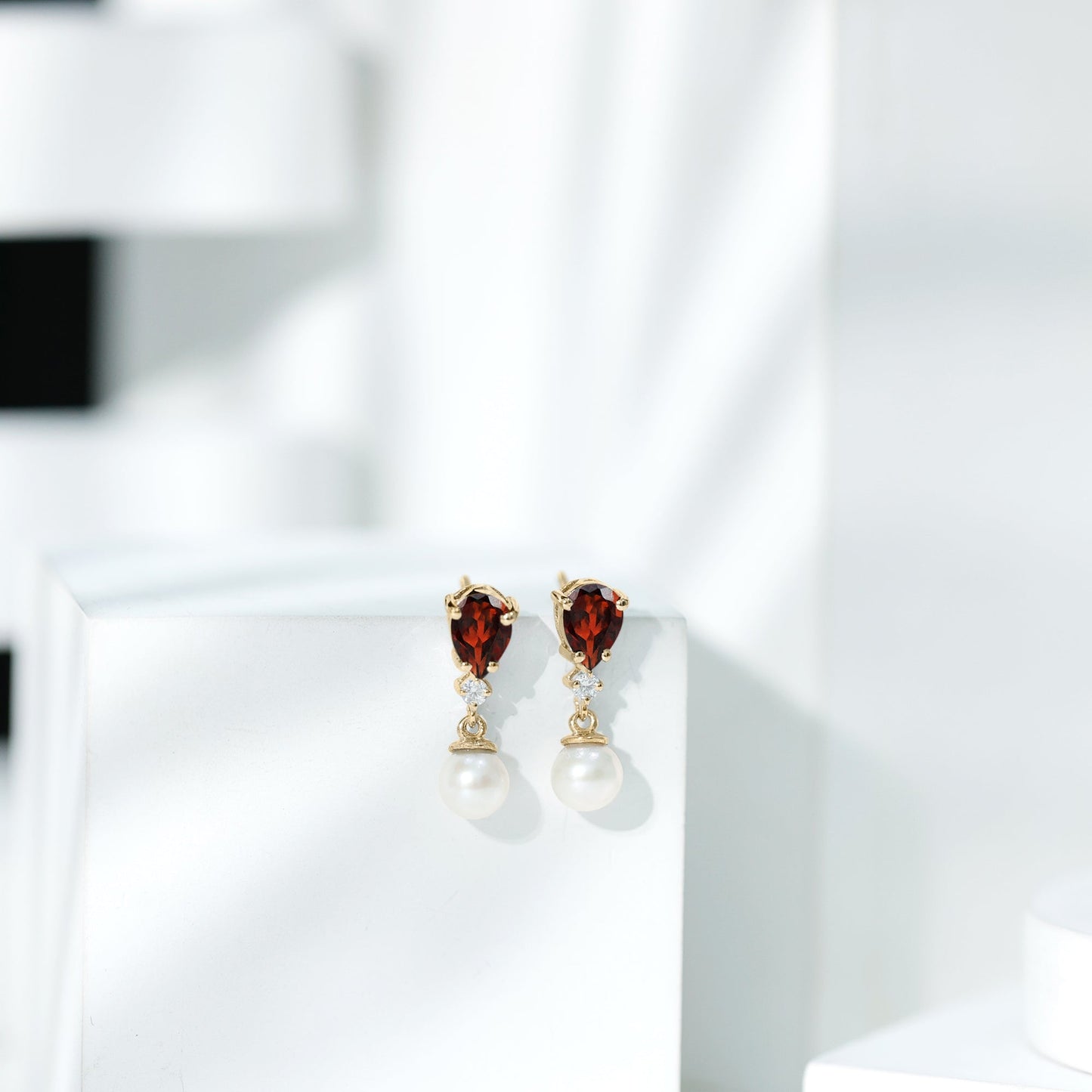 Genuine Freshwater Pearl Drop Earrings with Garnet