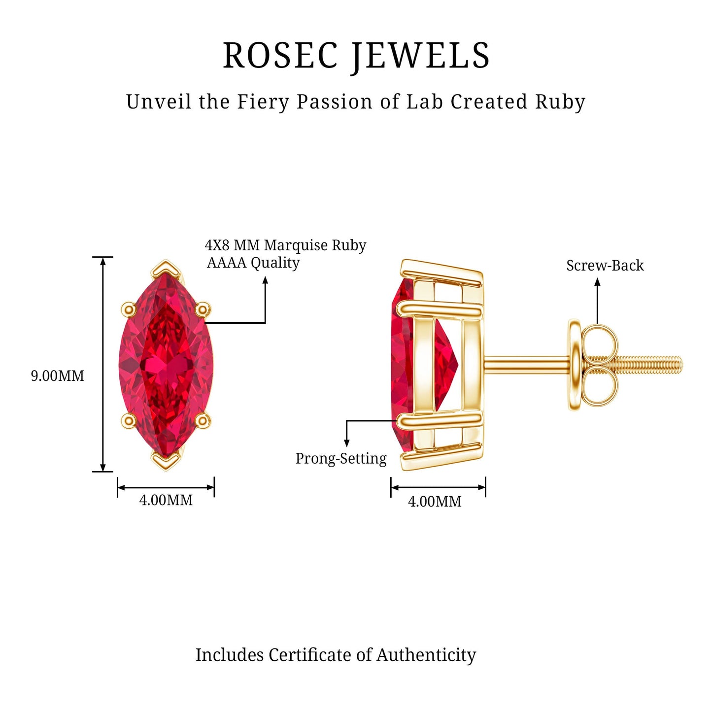 Certified Marquise Cut Lab Grown Ruby Everyday Stud Earring