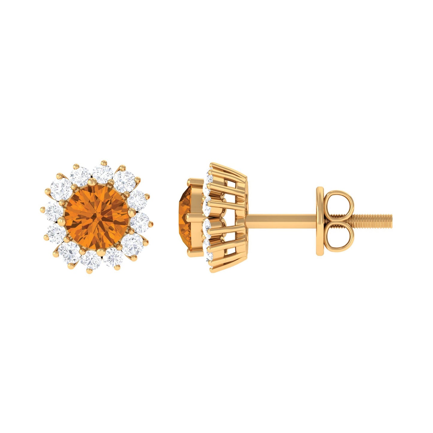 1 Carat Classic Yellow Citrine and Diamond Halo Stud Earrings
