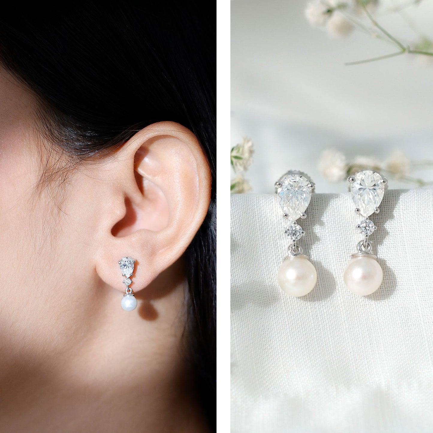 Moissanite and Freshwater Pearl Dangle Drop Earrings