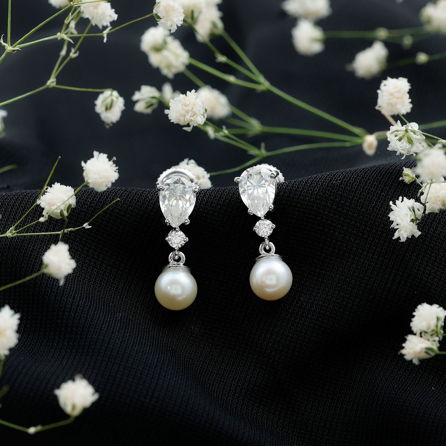 Moissanite and Freshwater Pearl Dangle Drop Earrings