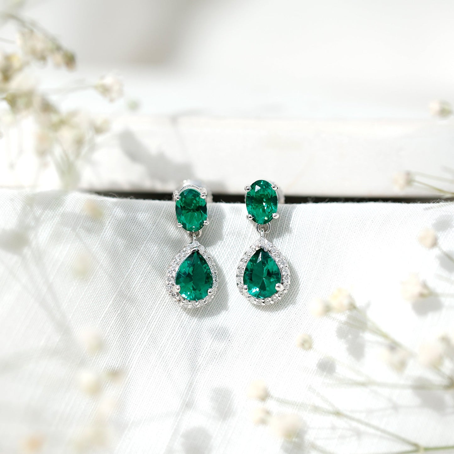 Lab Created Emerald and Diamond Bridal Drop Earrings with Certificate