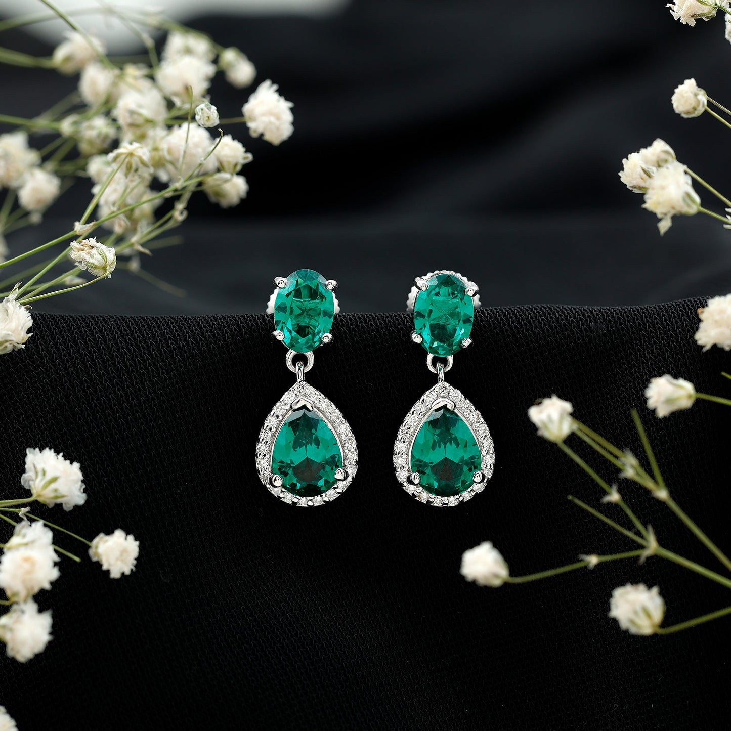 Lab Created Emerald and Diamond Bridal Drop Earrings with Certificate