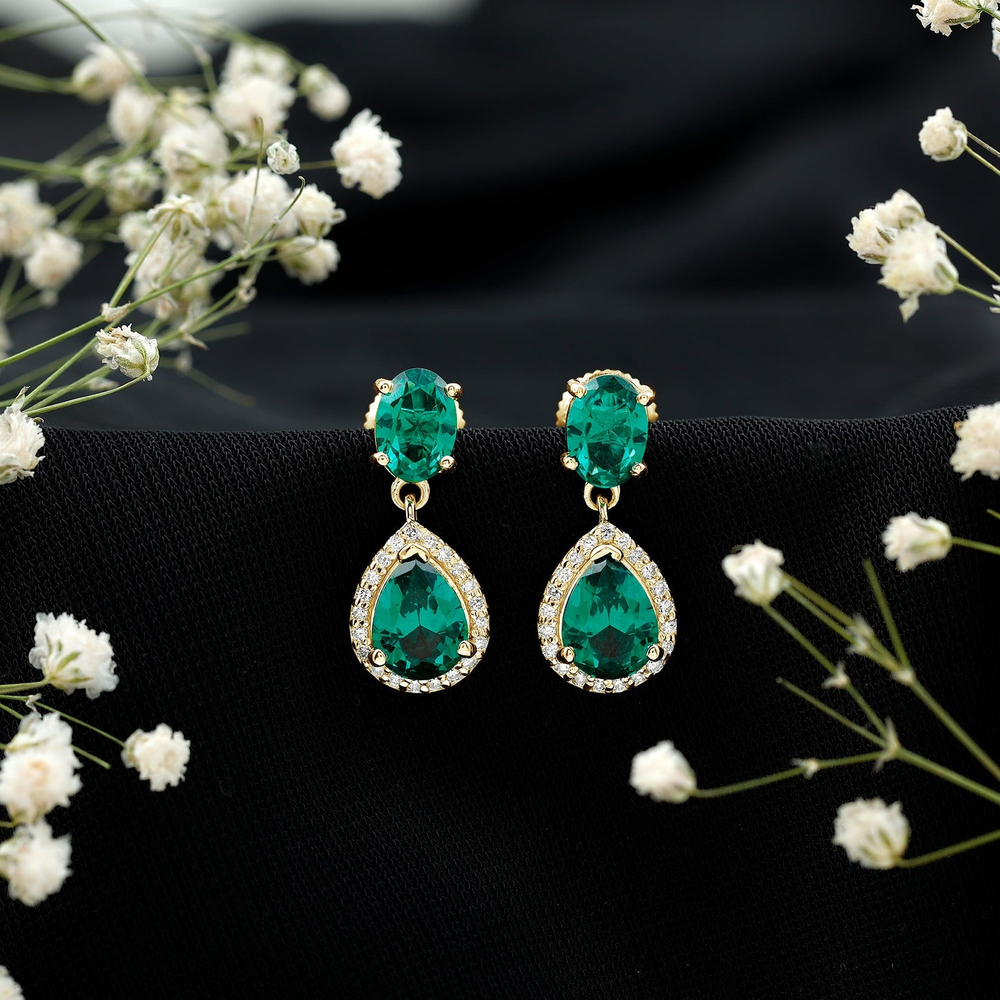 Lab Created Emerald and Diamond Bridal Drop Earrings with Certificate