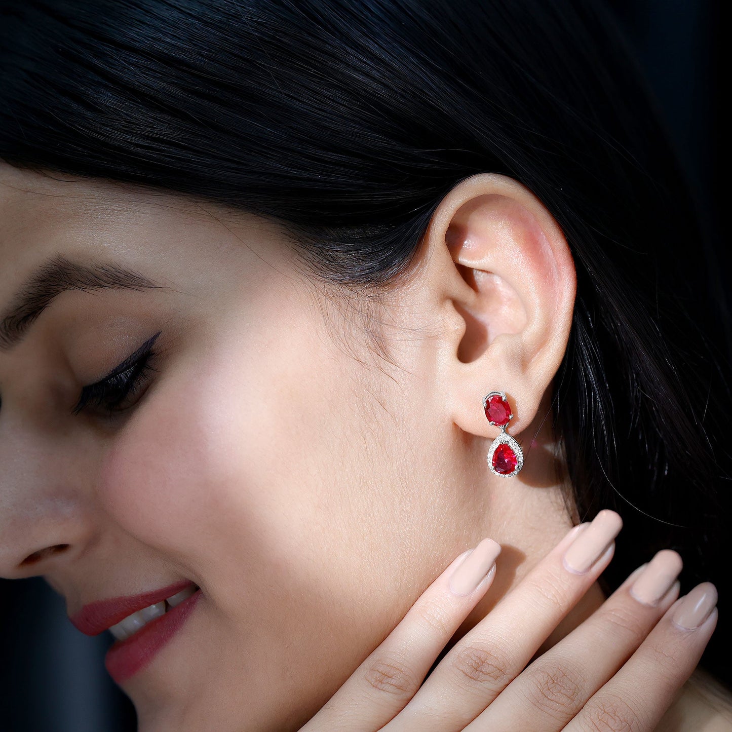 Lab Created Ruby and Diamond Dangle Drop Earrings