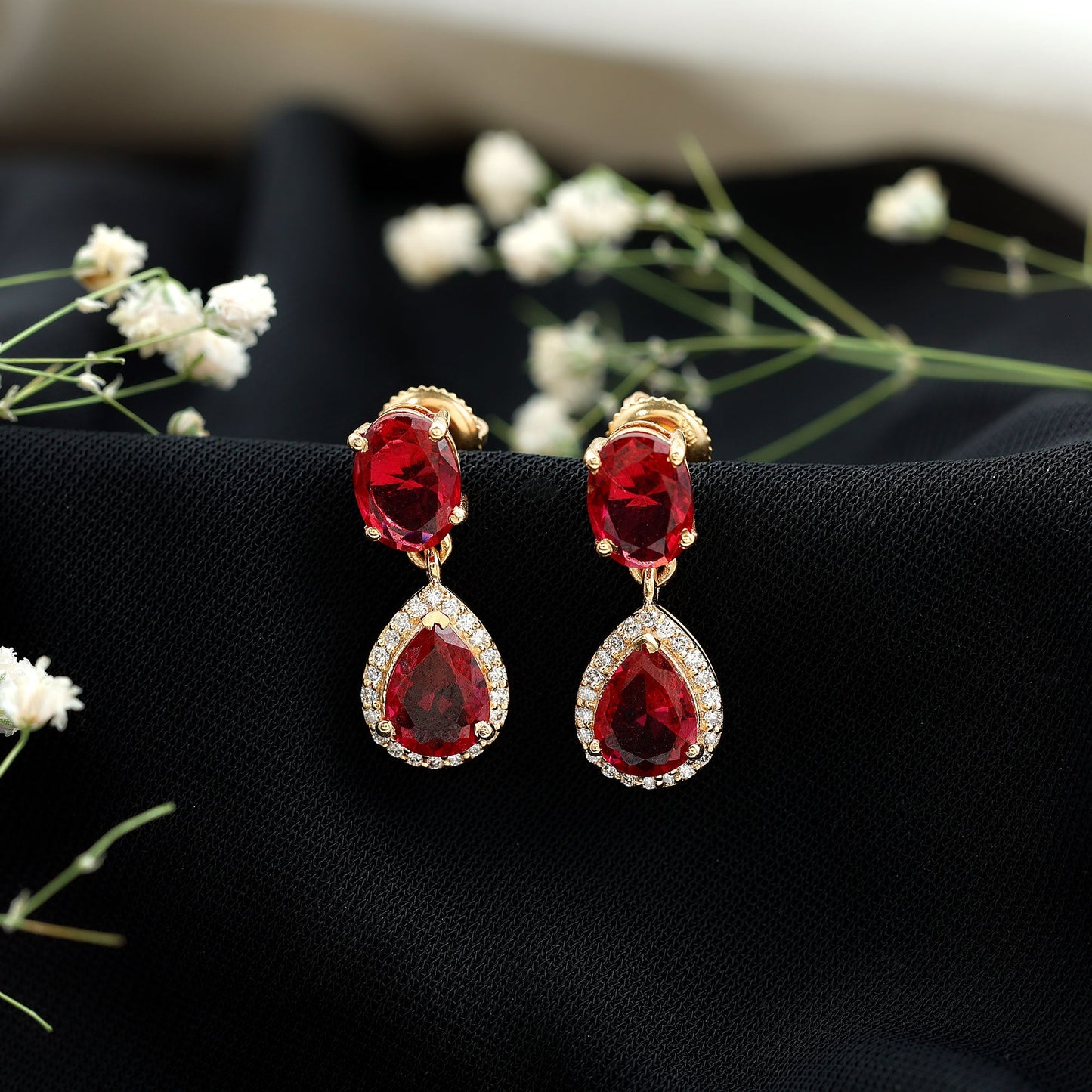 Lab Created Ruby and Diamond Dangle Drop Earrings