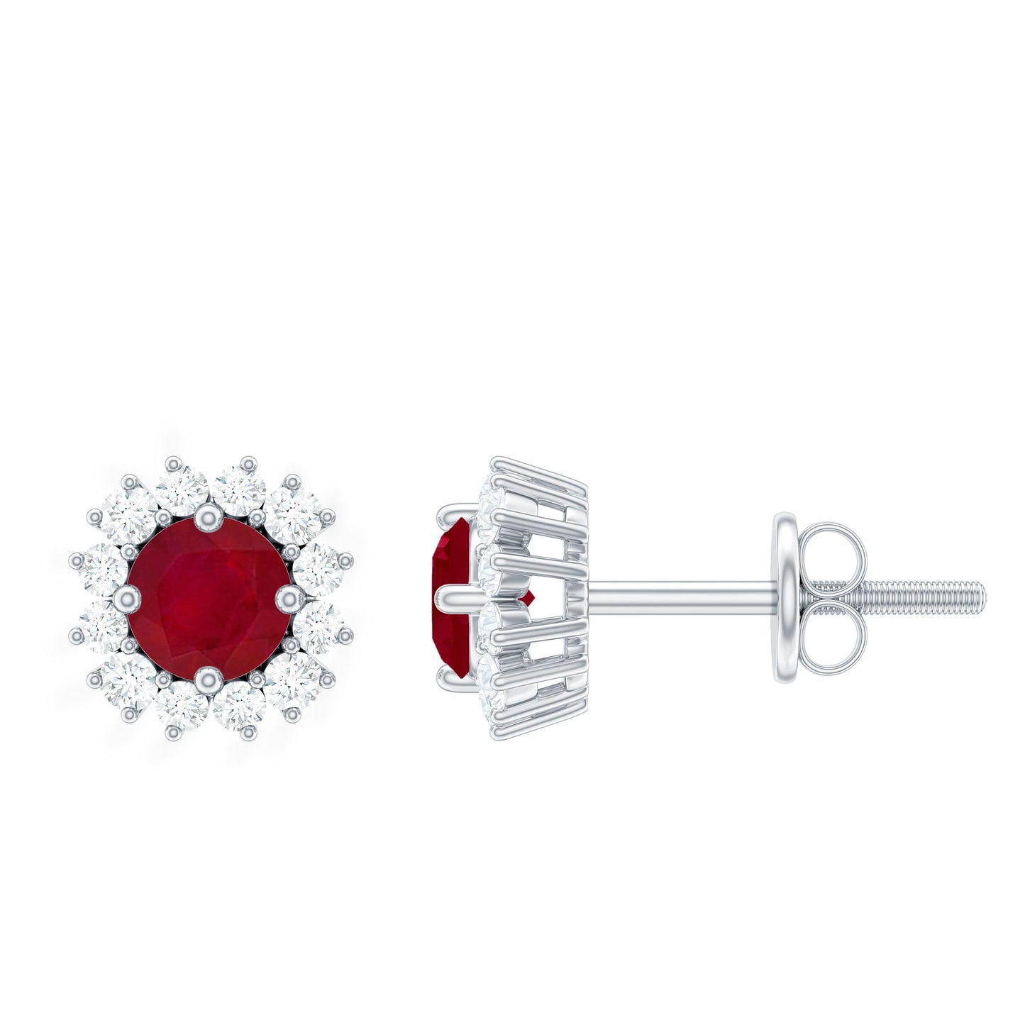 Genuine Ruby Stud Earrings with Diamond Halo