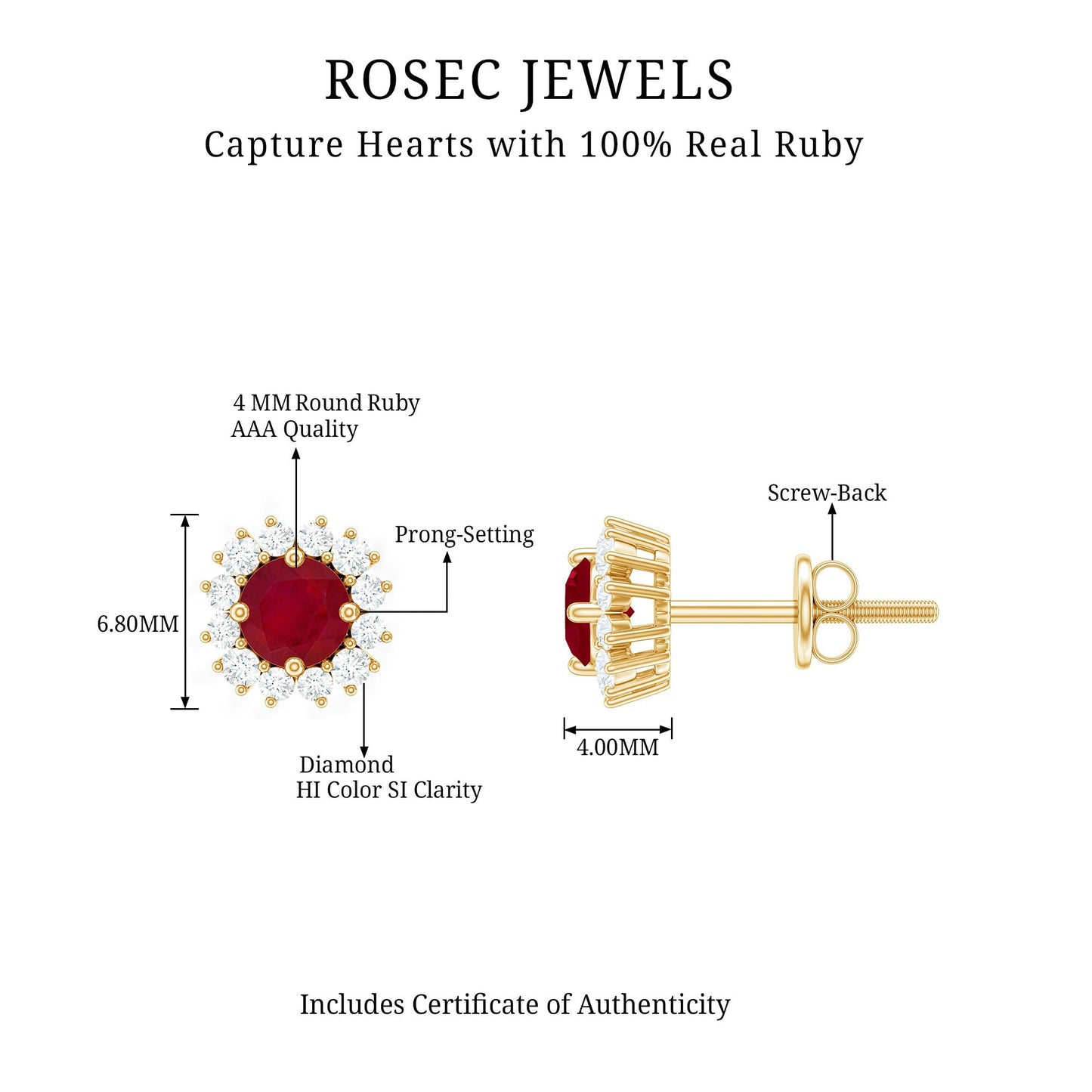 Genuine Ruby Stud Earrings with Diamond Halo