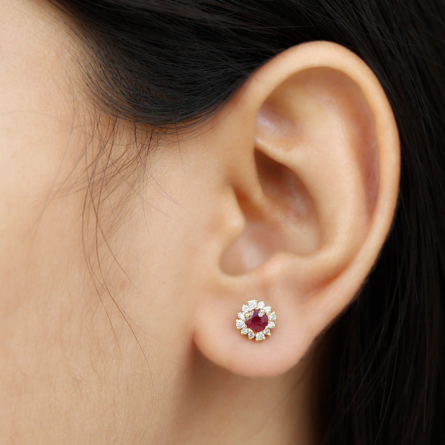 Genuine Ruby Stud Earrings with Diamond Halo