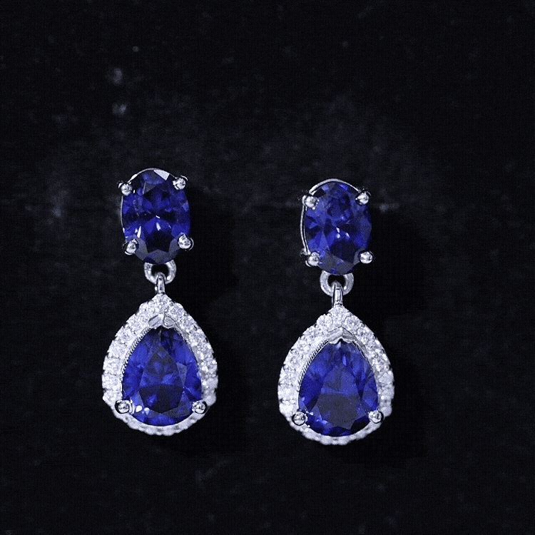 Lab Grown Blue Sapphire Bridal Dangle Earrings with Moissanite
