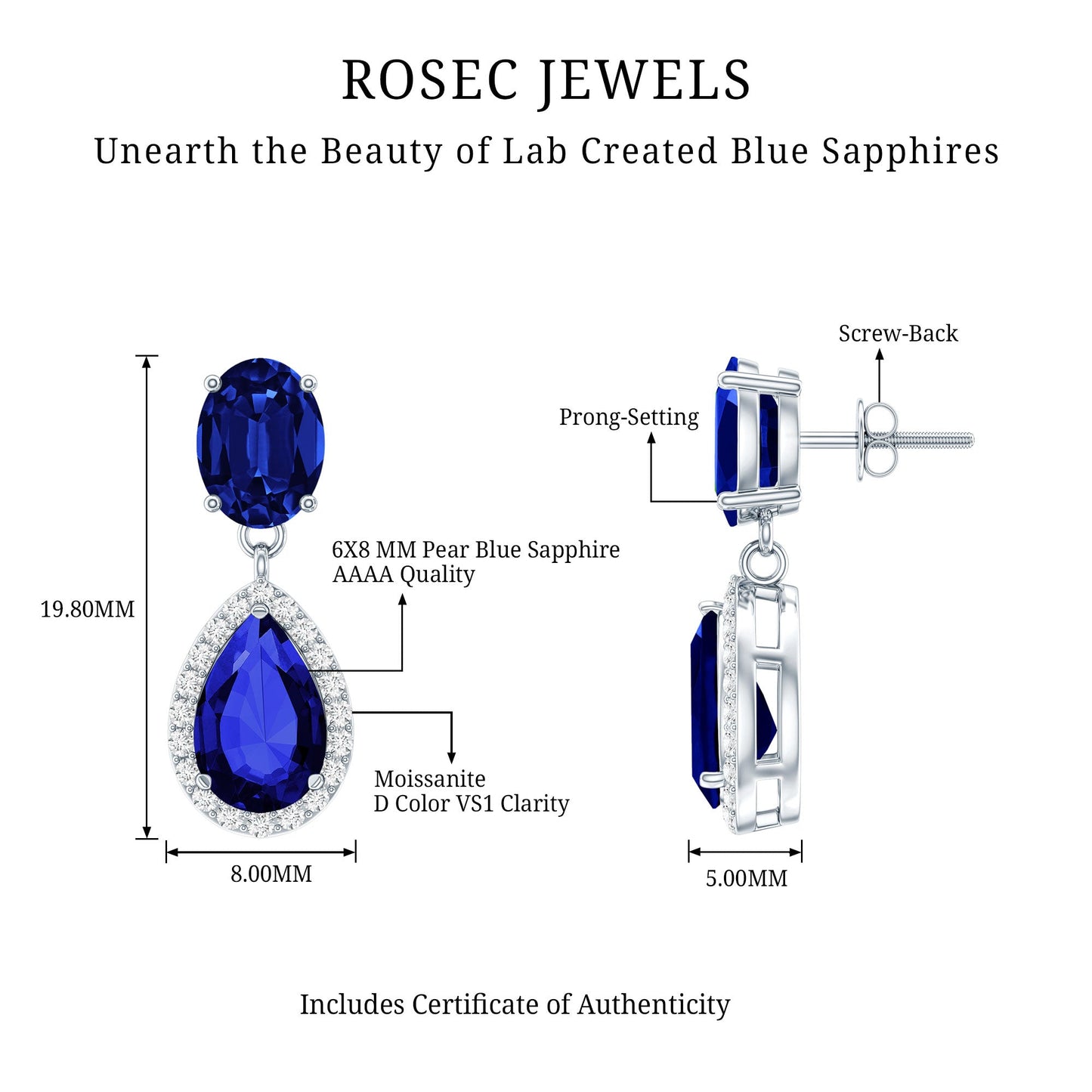 Lab Grown Blue Sapphire Bridal Dangle Earrings with Moissanite