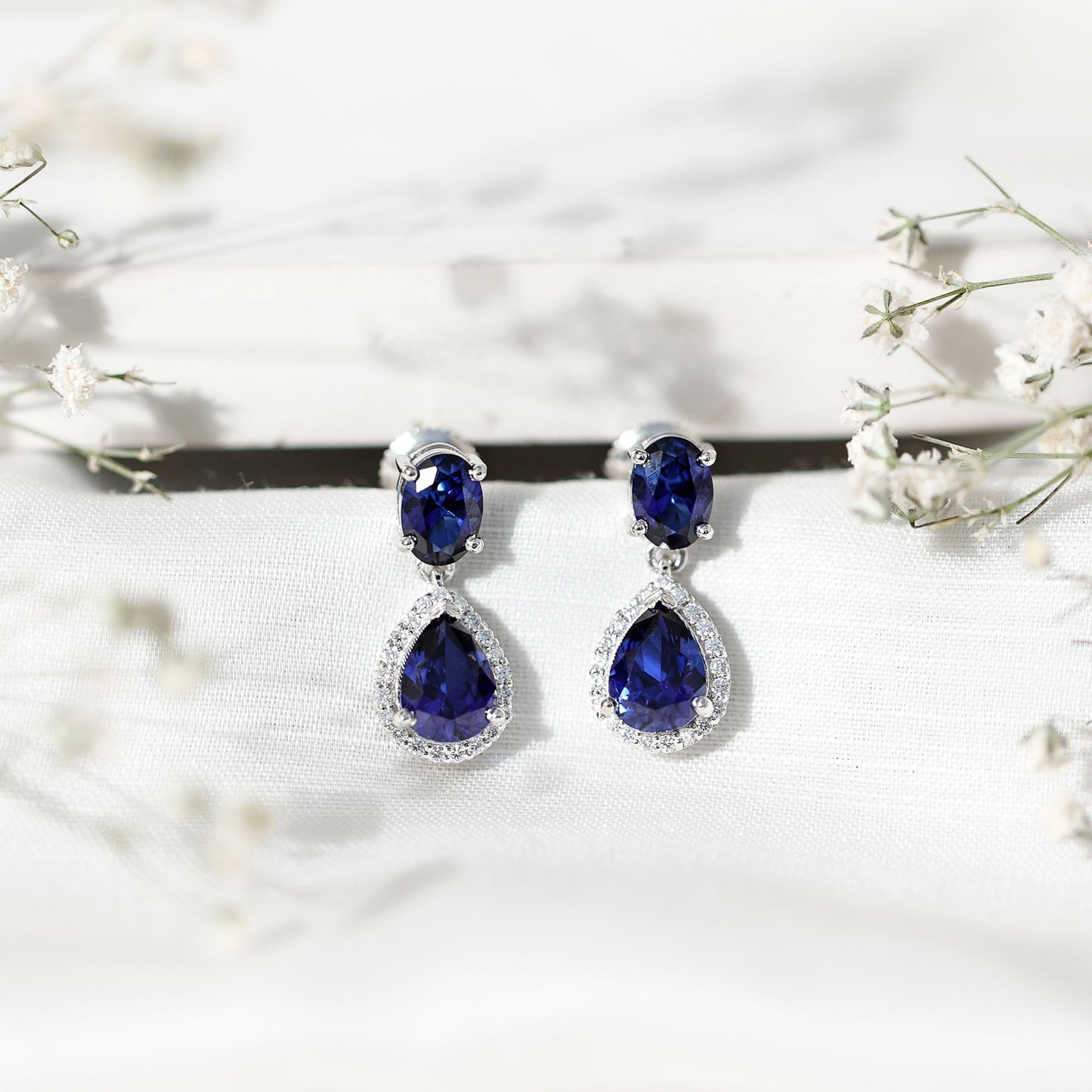 Lab Grown Blue Sapphire Bridal Dangle Earrings with Moissanite