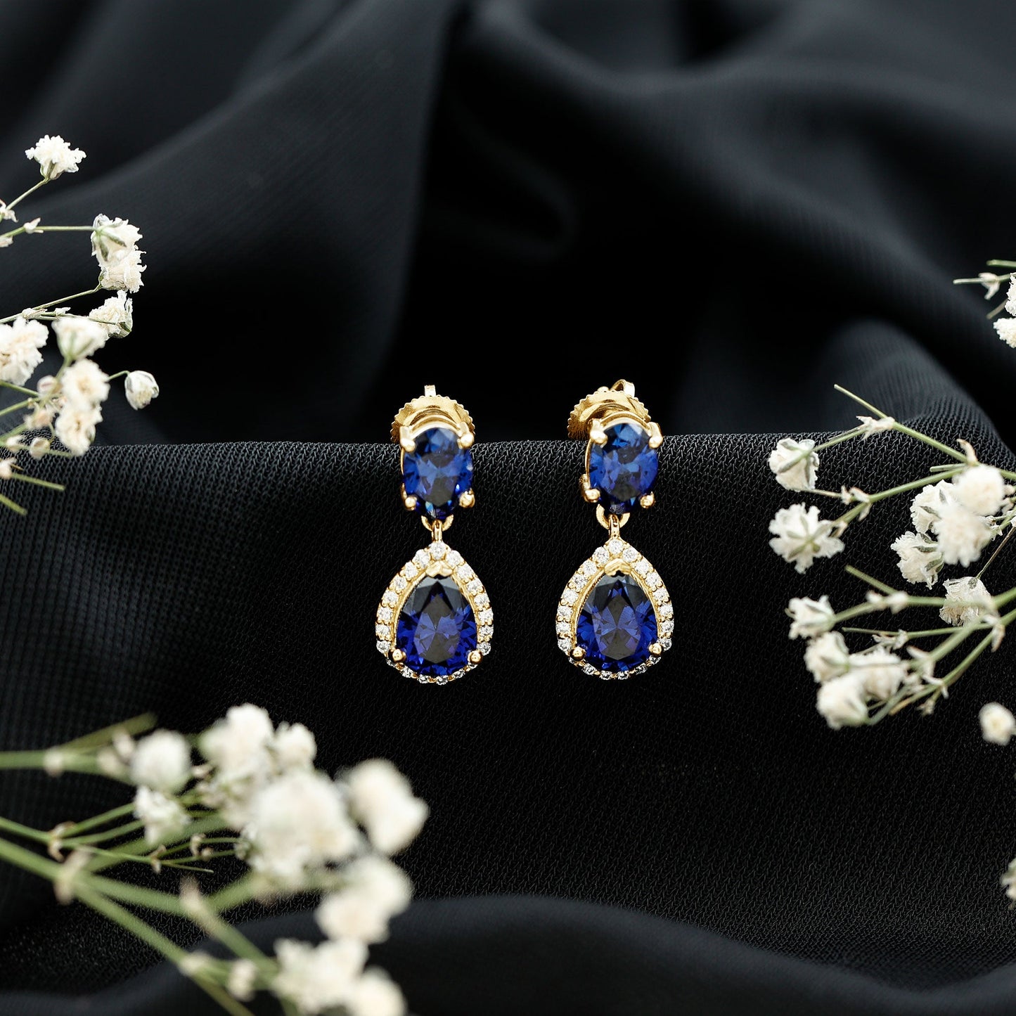 Lab Grown Blue Sapphire Bridal Dangle Earrings with Moissanite