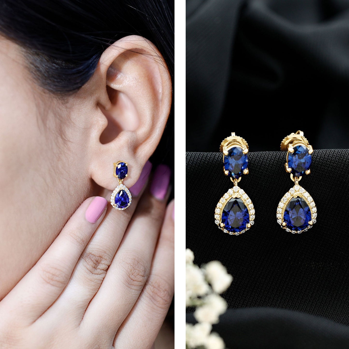 Lab Grown Blue Sapphire Bridal Dangle Earrings with Moissanite