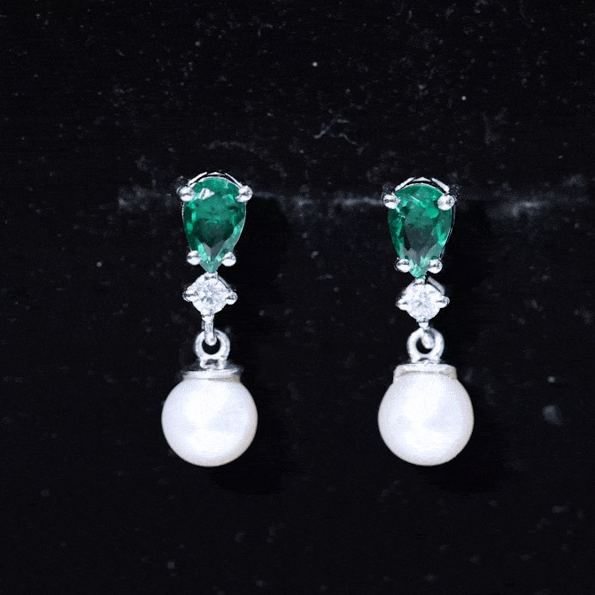 Freshwater Pearl Drop Dangle Earrings With Created Emerald