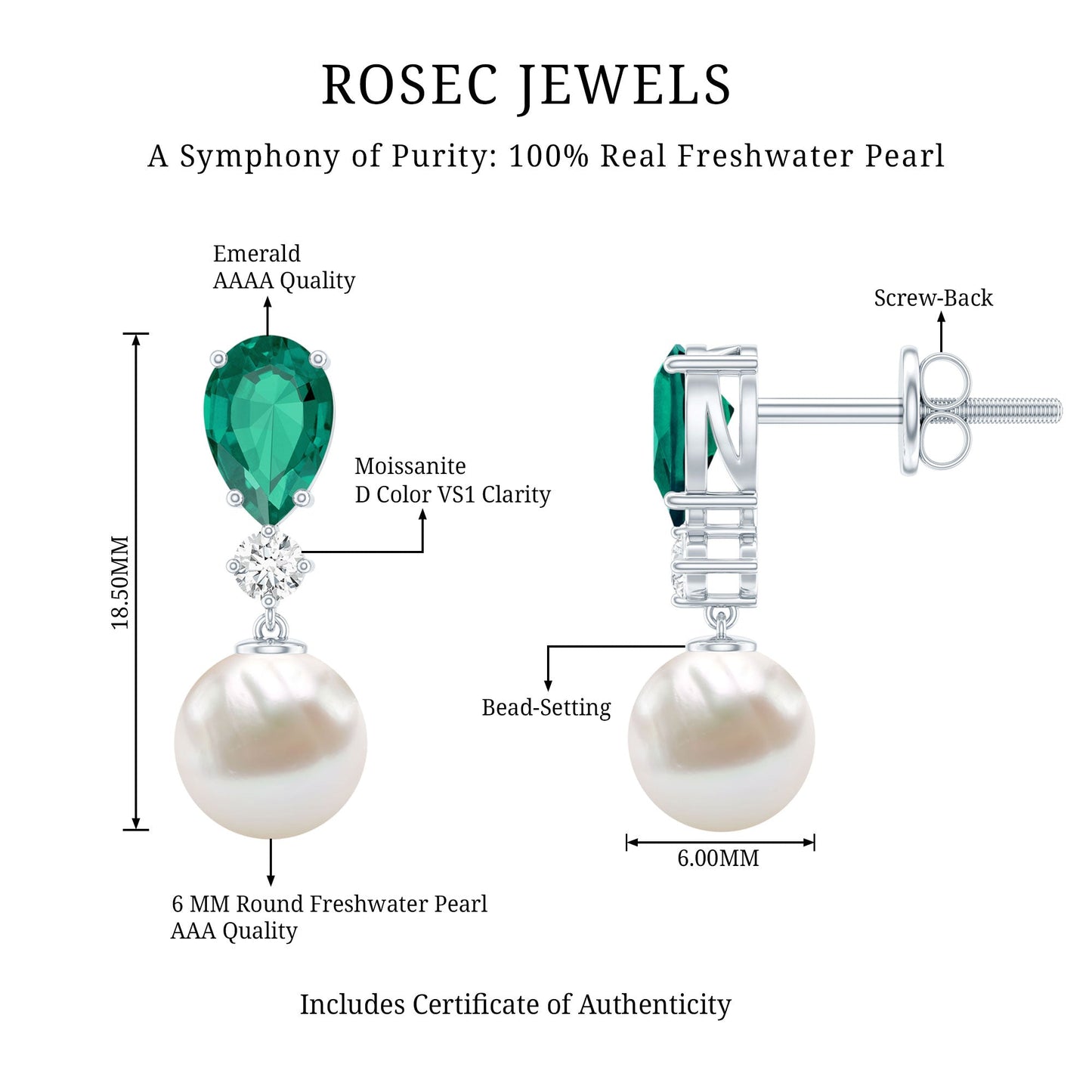 Freshwater Pearl Drop Dangle Earrings With Created Emerald